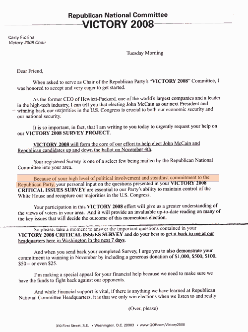 Carly Fiorina Survey Letter